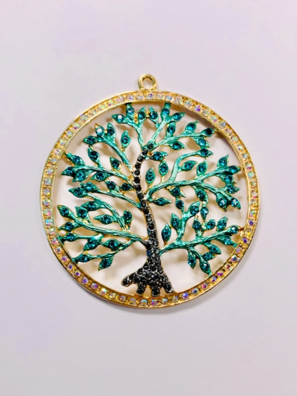 Tree of Life Circular Ornament Pendant Green/Gold Tone Rhinestone Christmas Boho